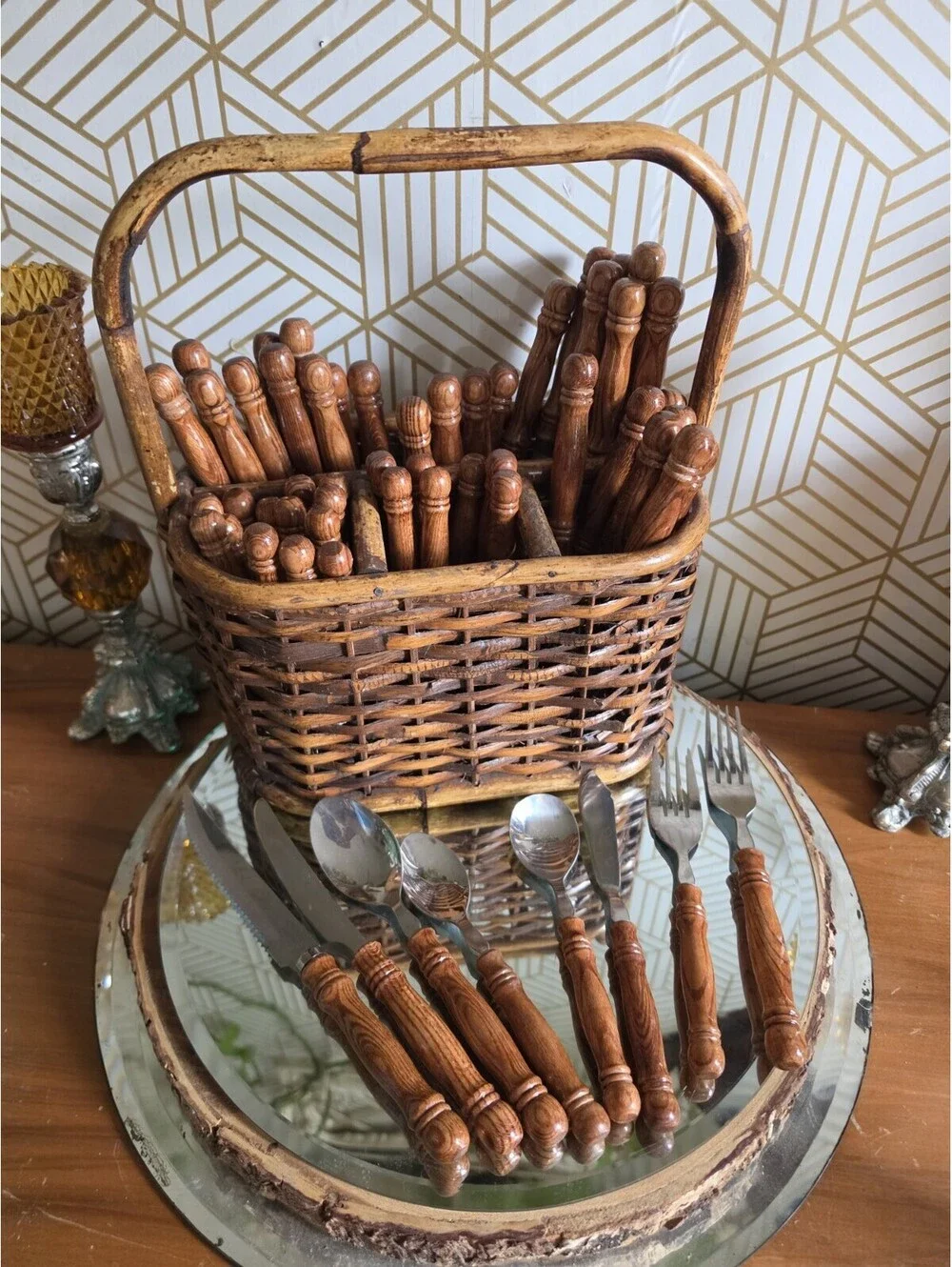 Vintage Lifetime Cutlery Old Homestead Wood Handle Flatware w Wicker Caddy 59pc